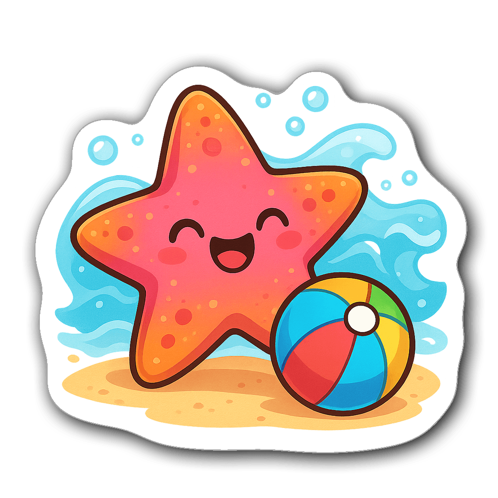 Kawaii chibi starfish rolling a colorful beach ball on the sand