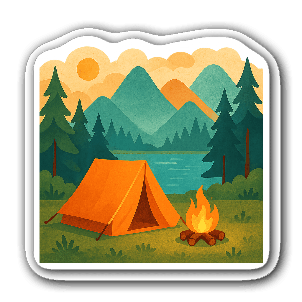 Whimsical camping scene with an orange tent and blue lake