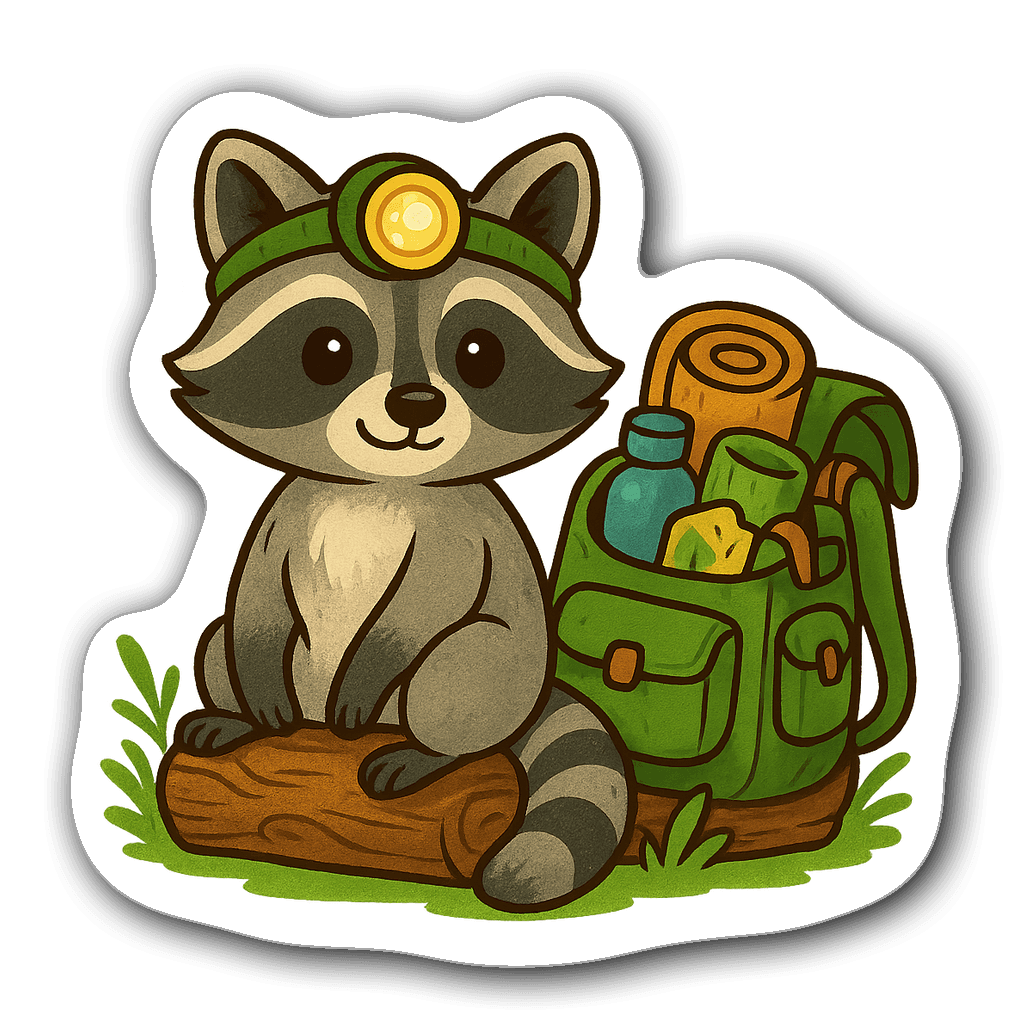 Cute raccoon with headlamp sitting on log near backpack