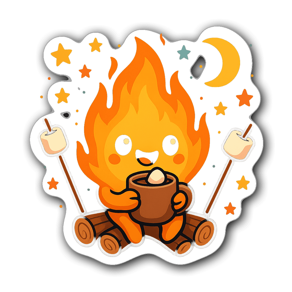 A cheerful campfire character with animated flames and stars