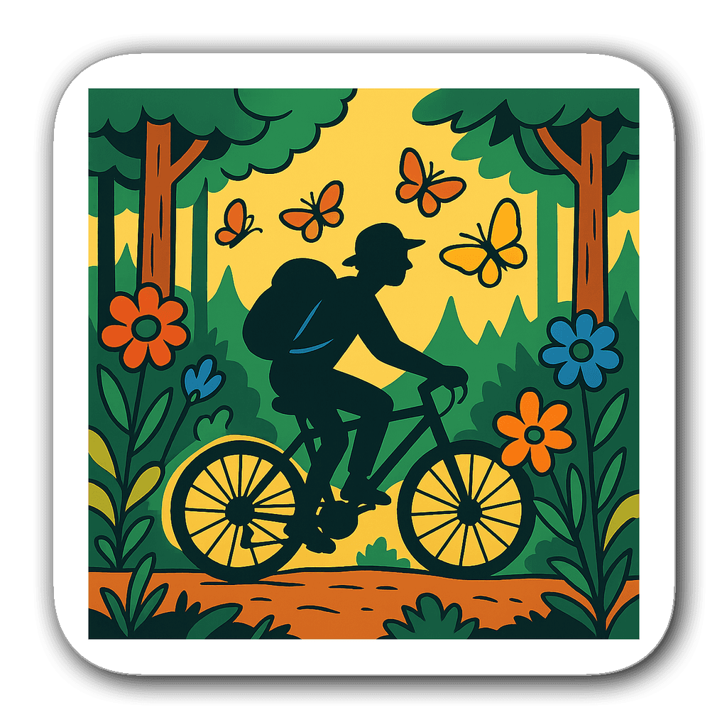 Adventurous camper silhouette on a bicycle with flowers and butterflies