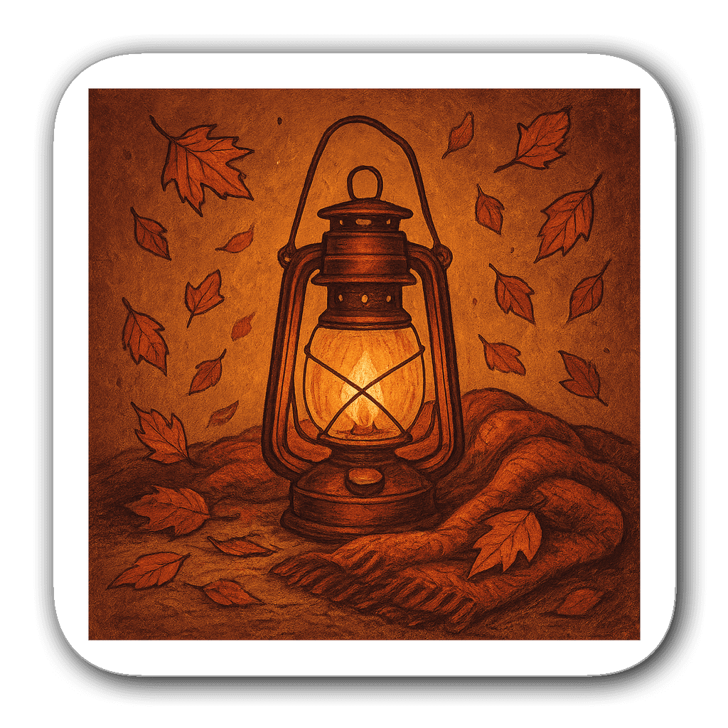 Vintage-style lantern sticker with autumn leaves and cozy blanket.