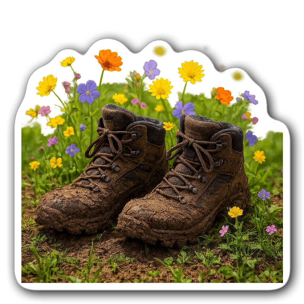 Hiking boots covered in mud with colorful wildflowers around them