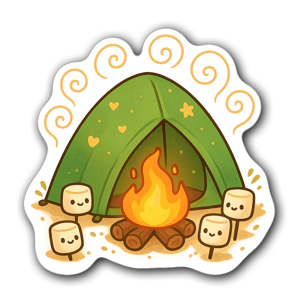 Kawaii chibi camping tent with fire pit and marshmallows