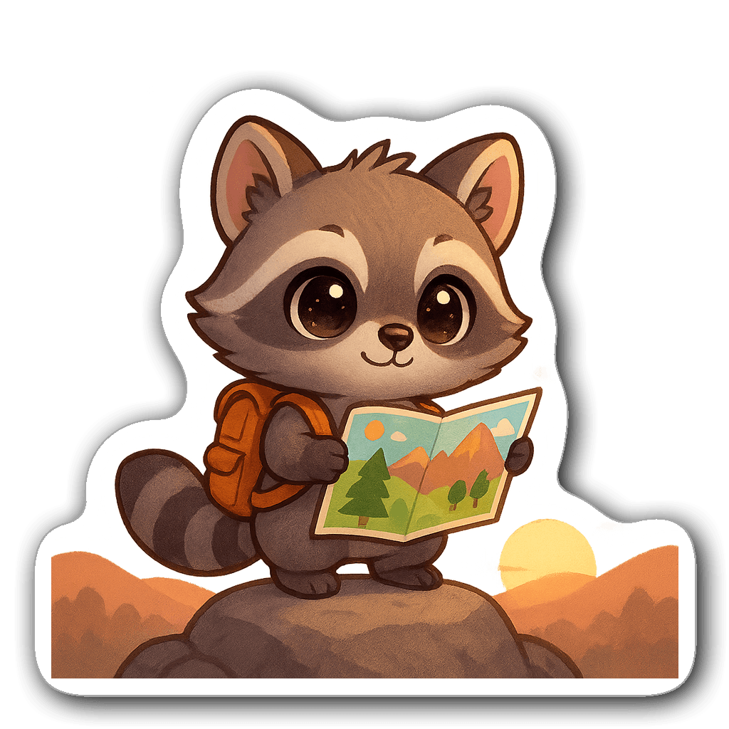 Kawaii chibi raccoon in a sunset with a backpack and map