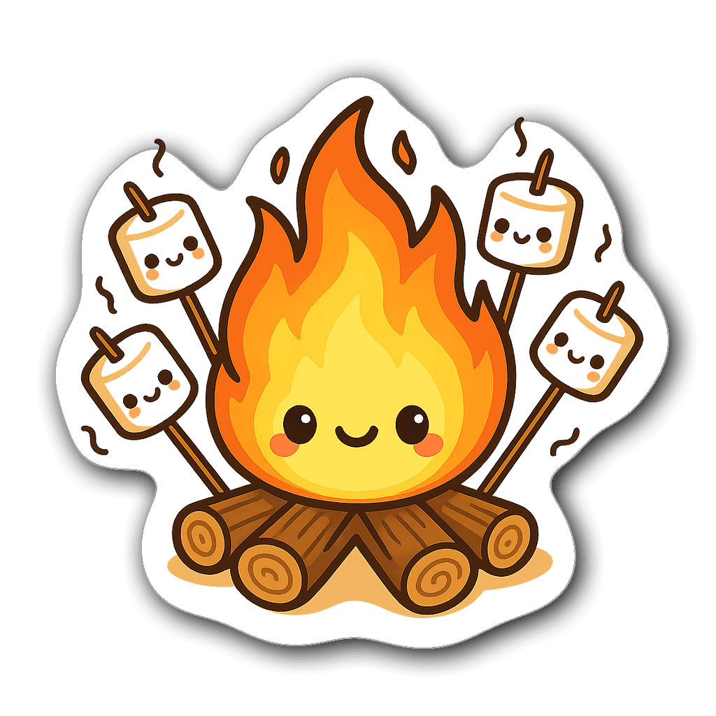 Kawaii chibi campfire character with cute marshmallows