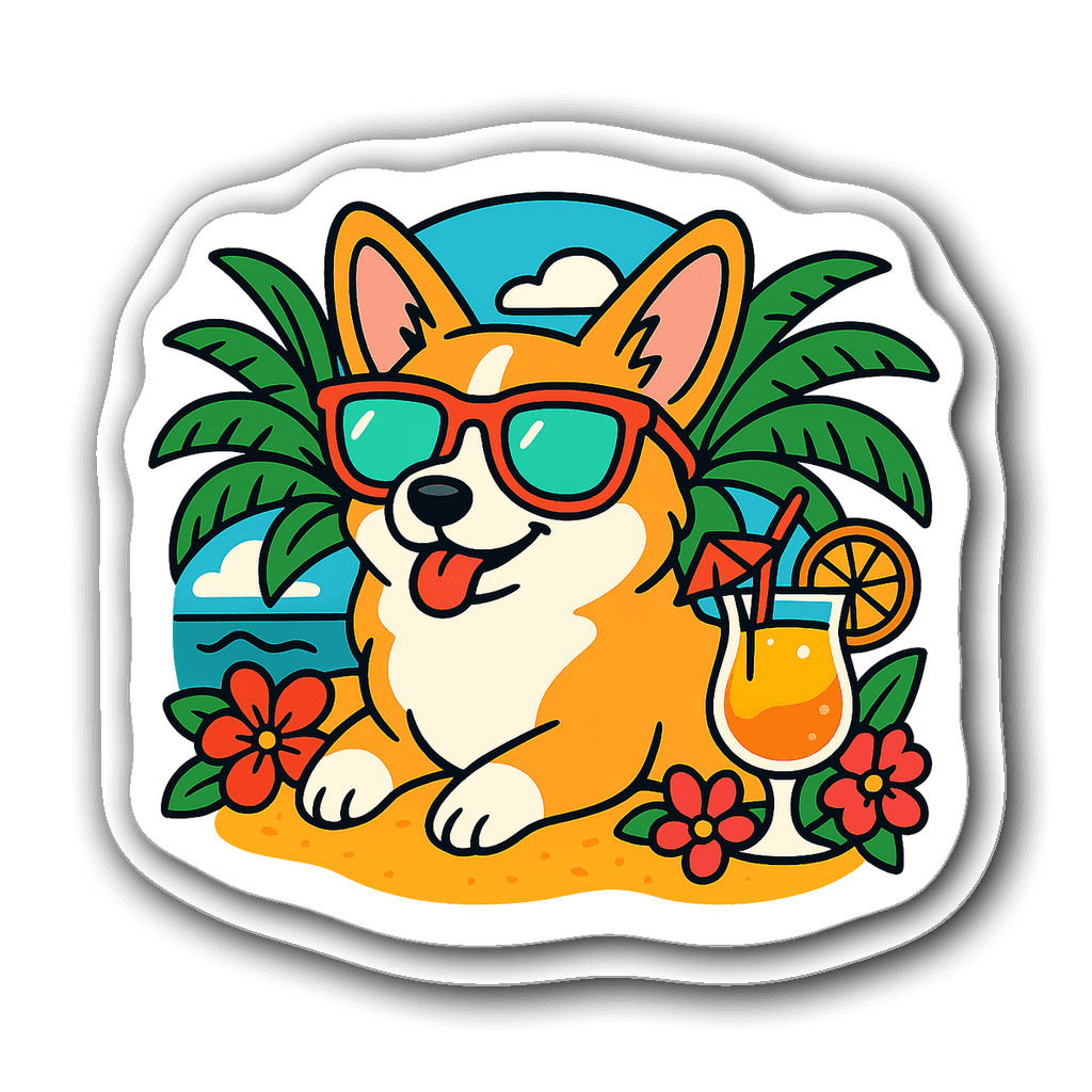 Playful corgi wearing sunglasses with tropical drink on a beach