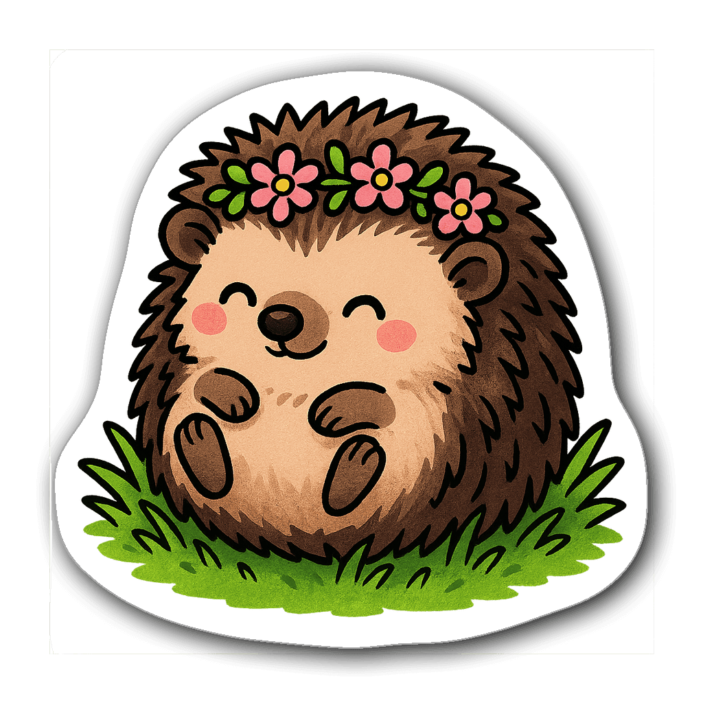 Adorable hedgehog with flower crown on grass