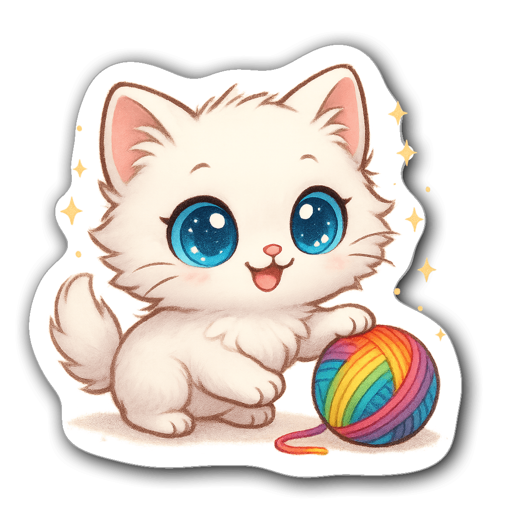 Chibi-style fluffy white kitten with big blue eyes and yarn ball
