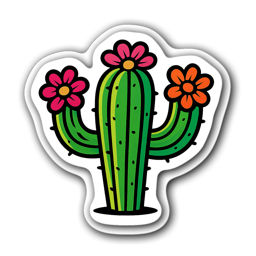 Flat vector illustration of a vibrant cactus with flowers
