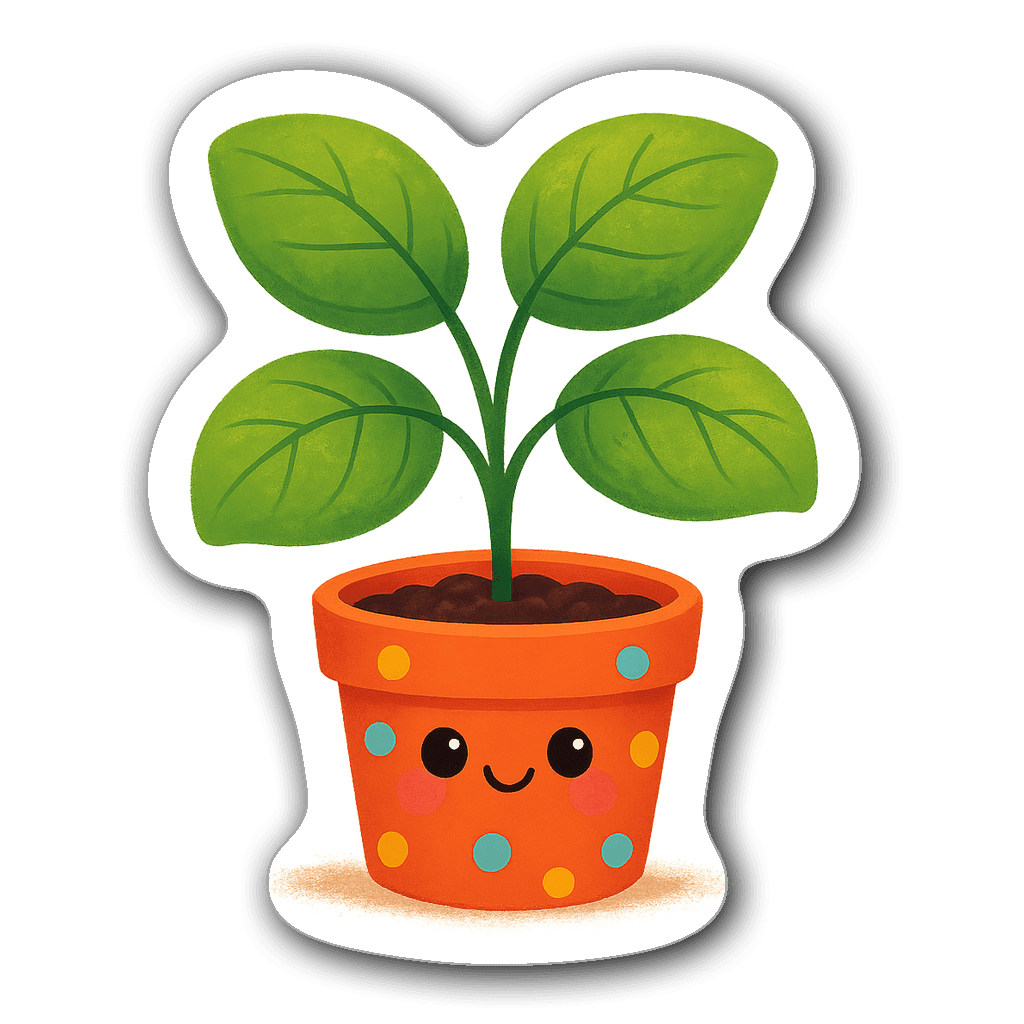 Cute smiling potted plant with big leaves and polka dot pot