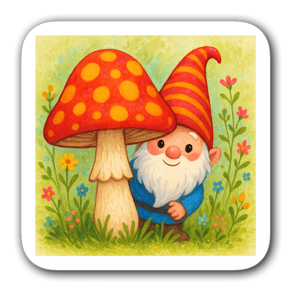 Adorable gnome behind a mushroom with wildflowers