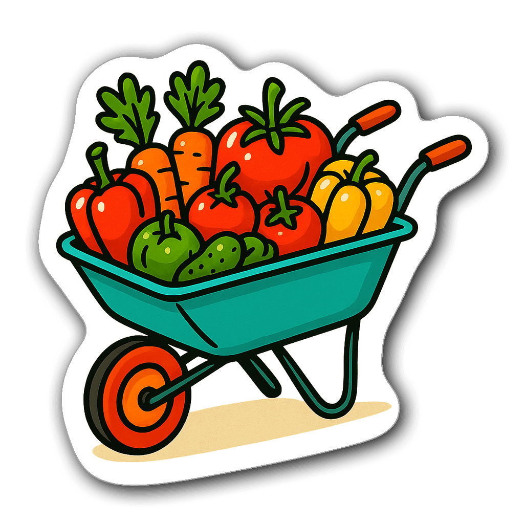 A colorful wheelbarrow filled with vegetables sticker