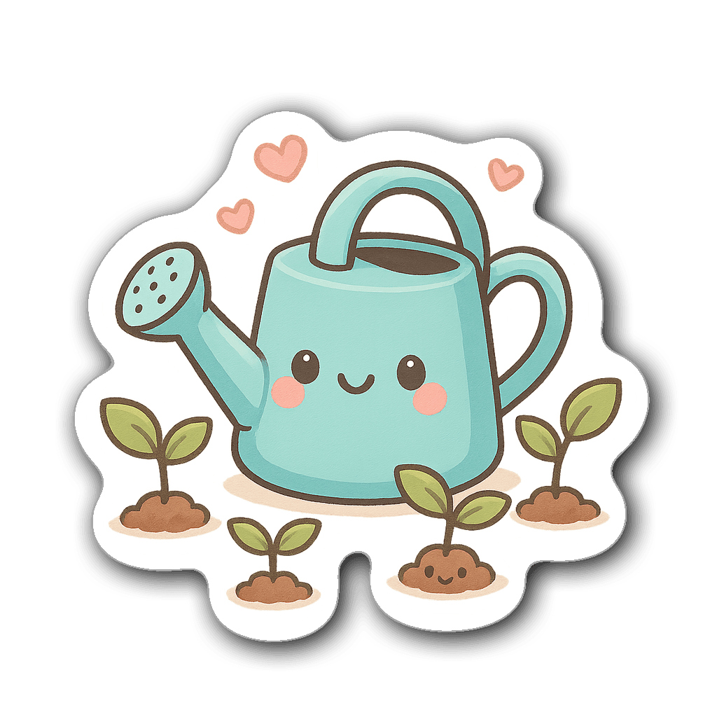 Kawaii chibi watering can sticker with cute faces and pastel colors