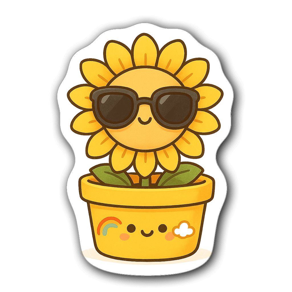 Kawaii sunflower pot sticker with cheerful sunflower and doodles