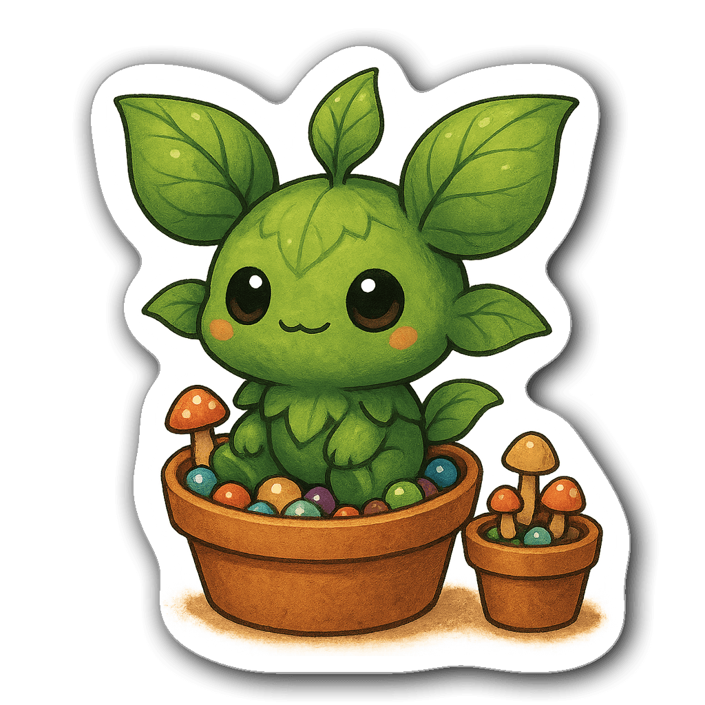 Chibi plant monster sticker with big eyes and cute smile