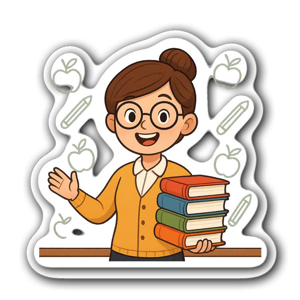 Cheerful teacher character with books and chalkboard illustration