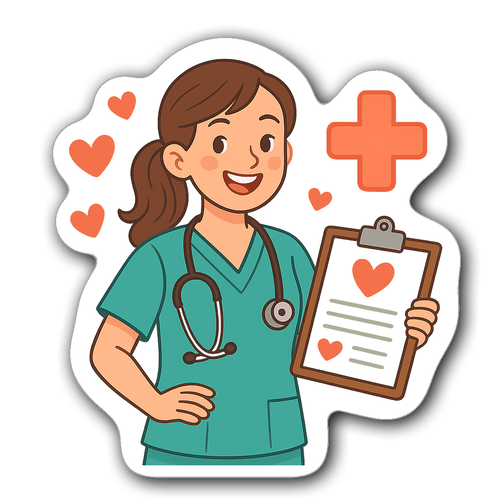 Upbeat nurse in scrubs with stethoscope and heart designs