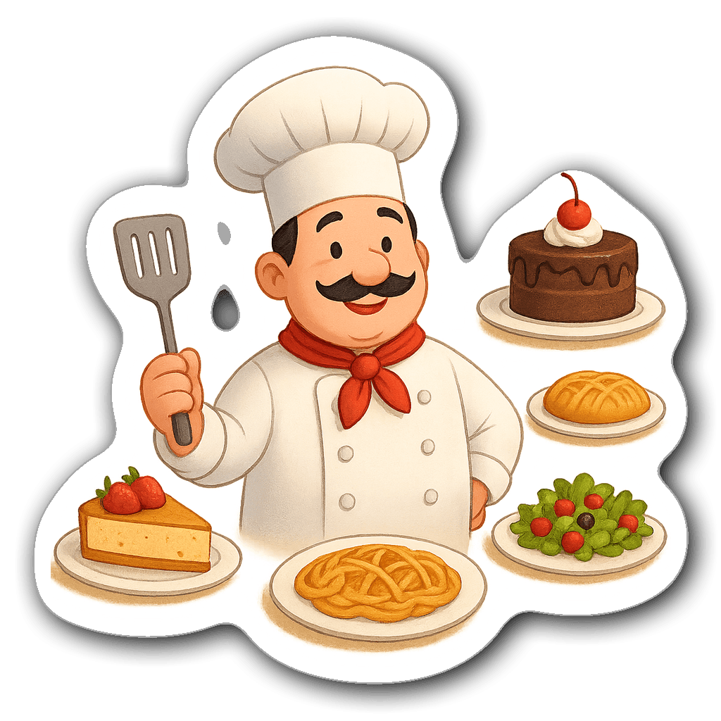 Friendly chef character illustration with dishes