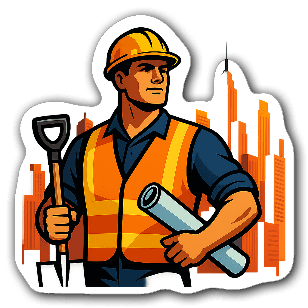 Bold illustration of a construction worker with city skyline