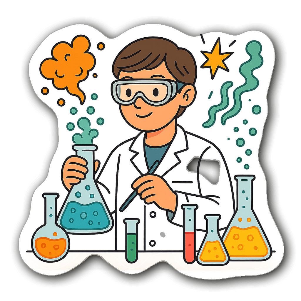 A diligent scientist in a lab coat with colorful beakers and test tubes