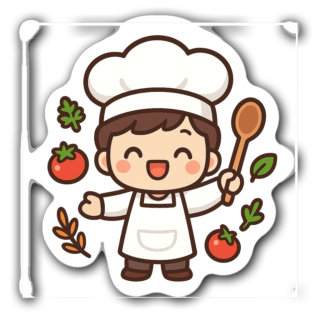 Kawaii chibi chef sticker with big eyes and bright colors