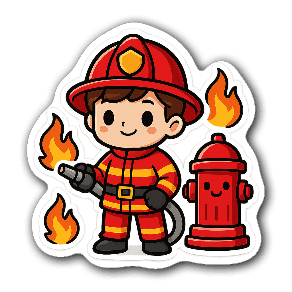 Cute chibi firefighter with red helmet and hose, vibrant sticker