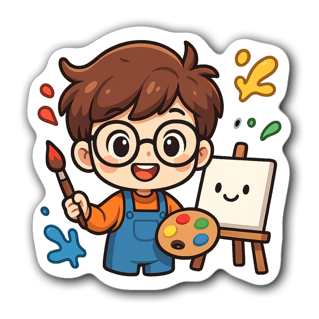 Kawaii chibi artist with oversized glasses and paintbrush