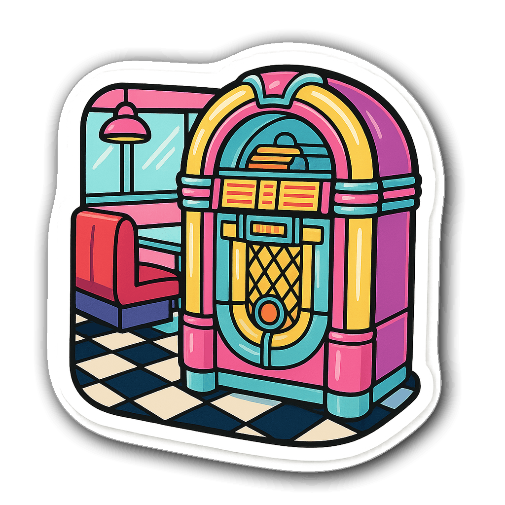 Die-cut sticker of a vintage diner scene with jukebox