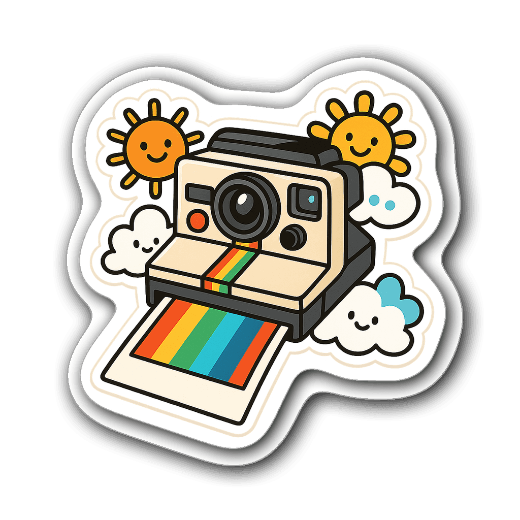Vinyl sticker of a retro Polaroid camera with colorful film