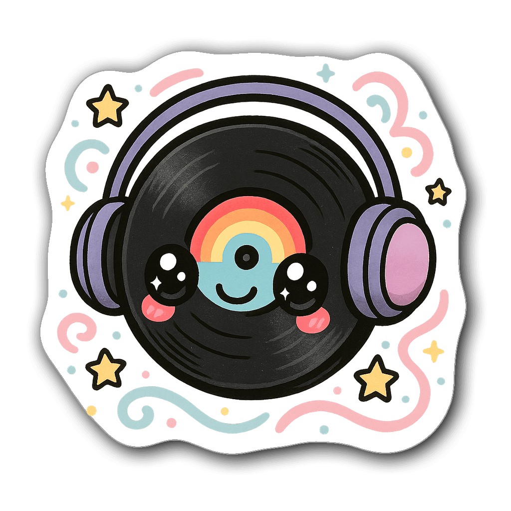 Kawaii chibi vinyl record with big eyes and headphones