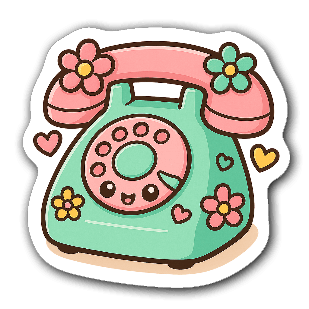Kawaii chibi-style rotary phone with flowers and hearts