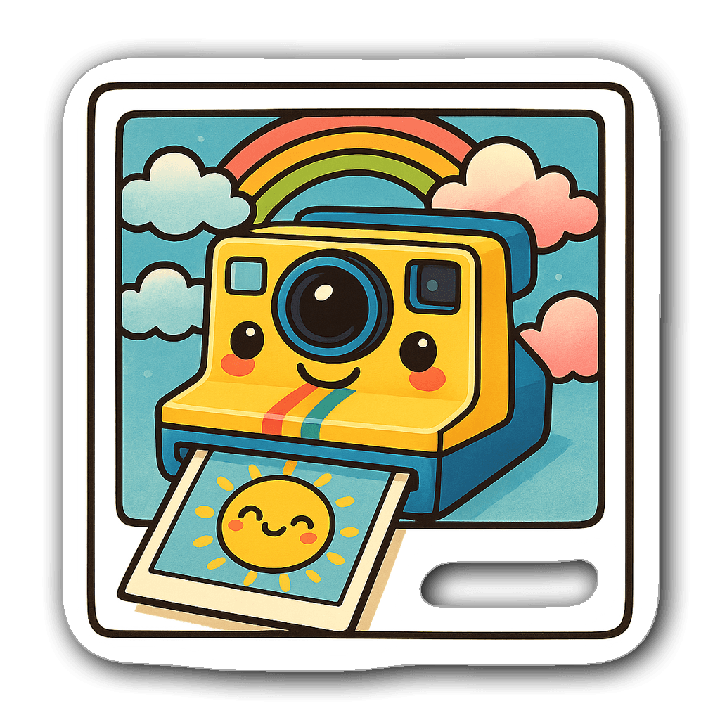 Kawaii chibi polaroid camera taking a picture of a cartoon sun