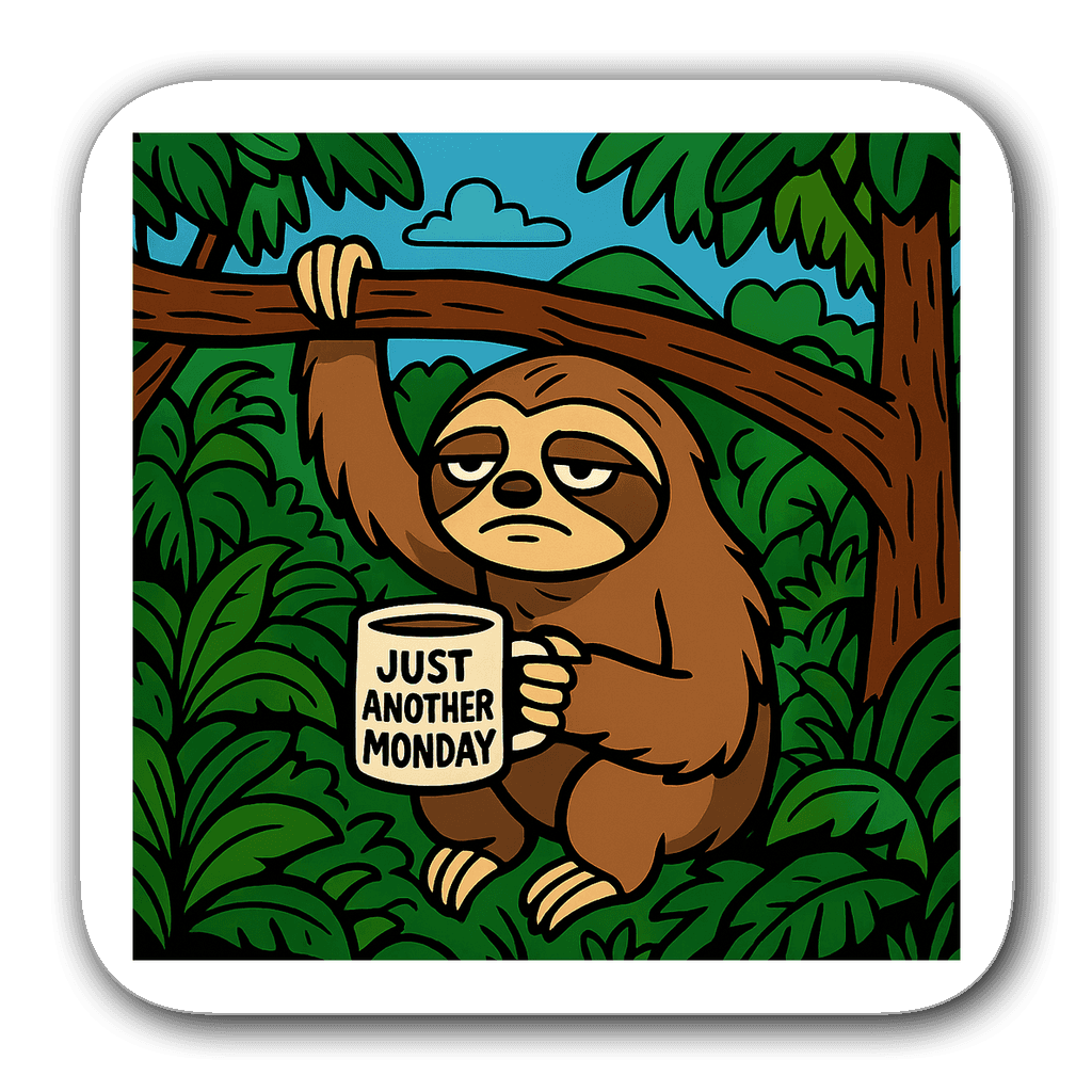 A bored sloth holding a coffee cup labeled 'Just another Monday' in a vibrant jungle scene.
