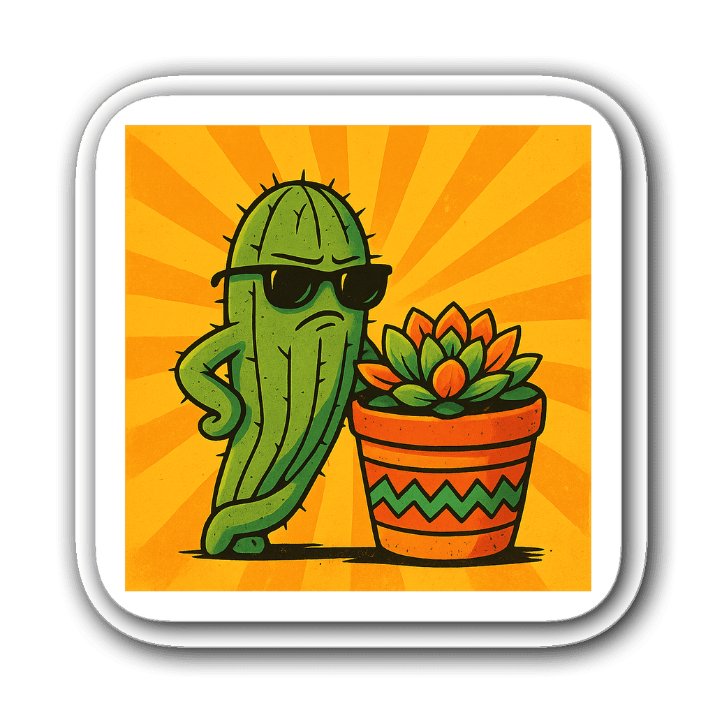Sassy cactus wearing sunglasses against colorful pots with sunshine