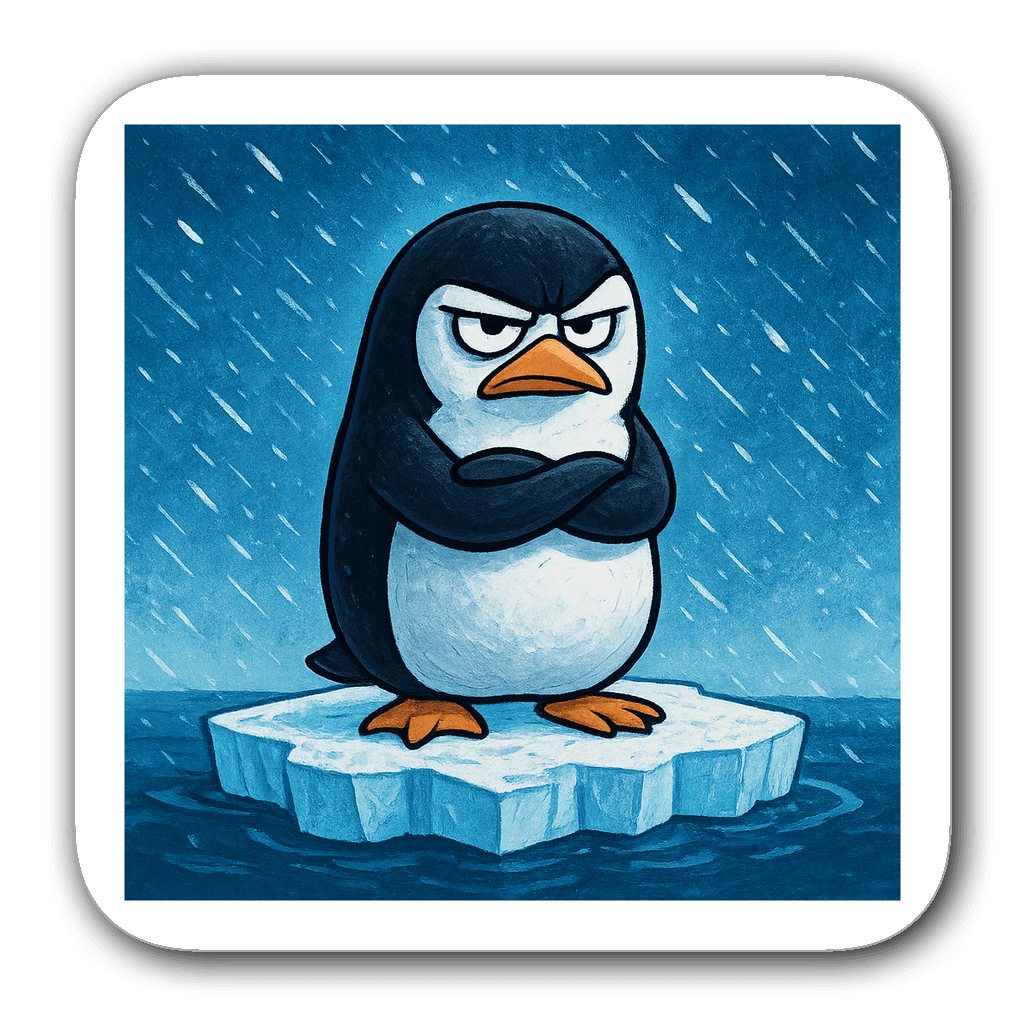 Grumpy penguin with arms crossed on an iceberg in a snowstorm