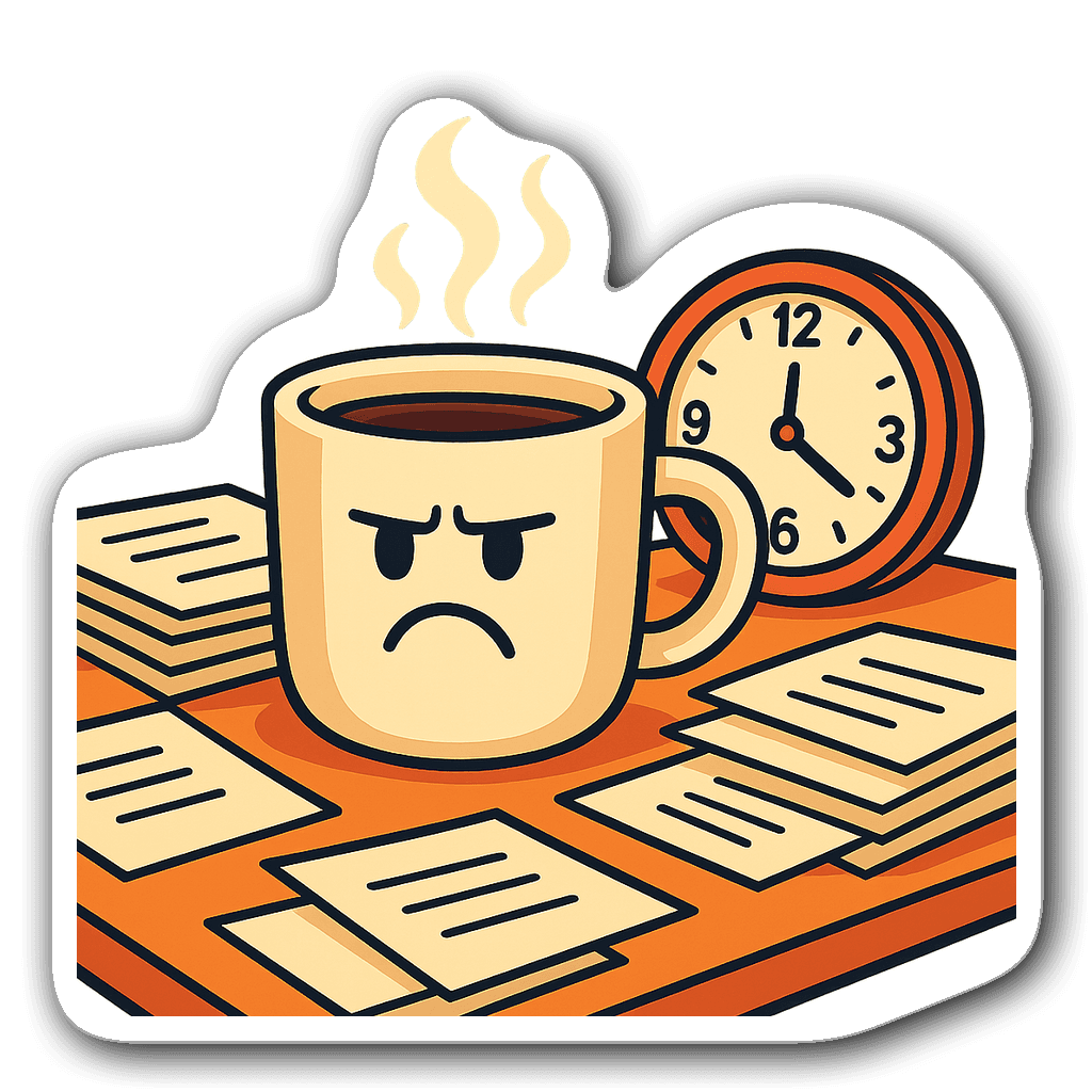 A cartoonish frowning coffee cup with steam, on a desk