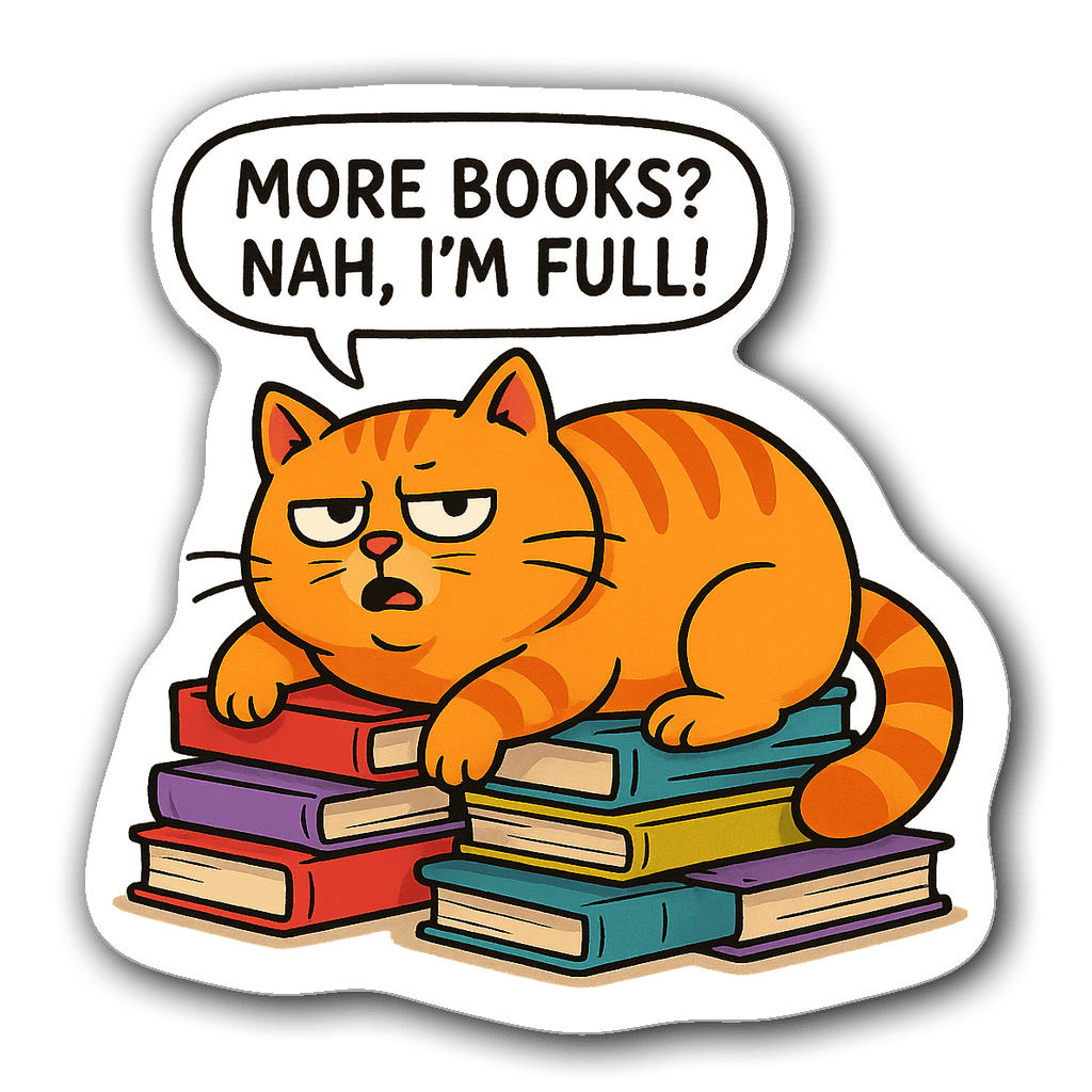 Sarcastic chubby cat lounging on books with speech bubble