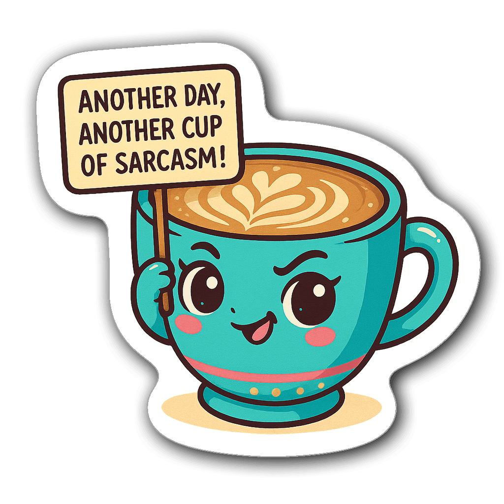 Cheerful chibi coffee cup sticker with cute latte art and sarcasm sign