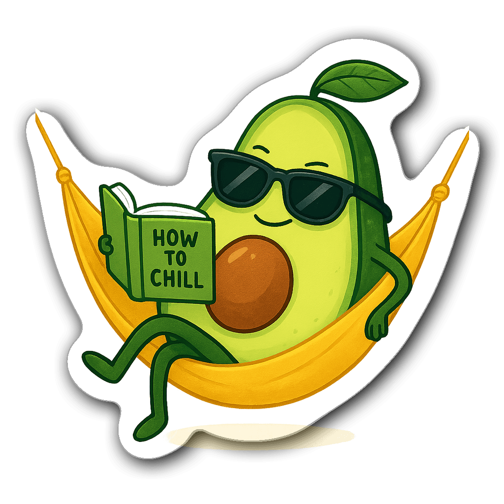 Kawaii avocado sticker with sunglasses lounging in a hammock