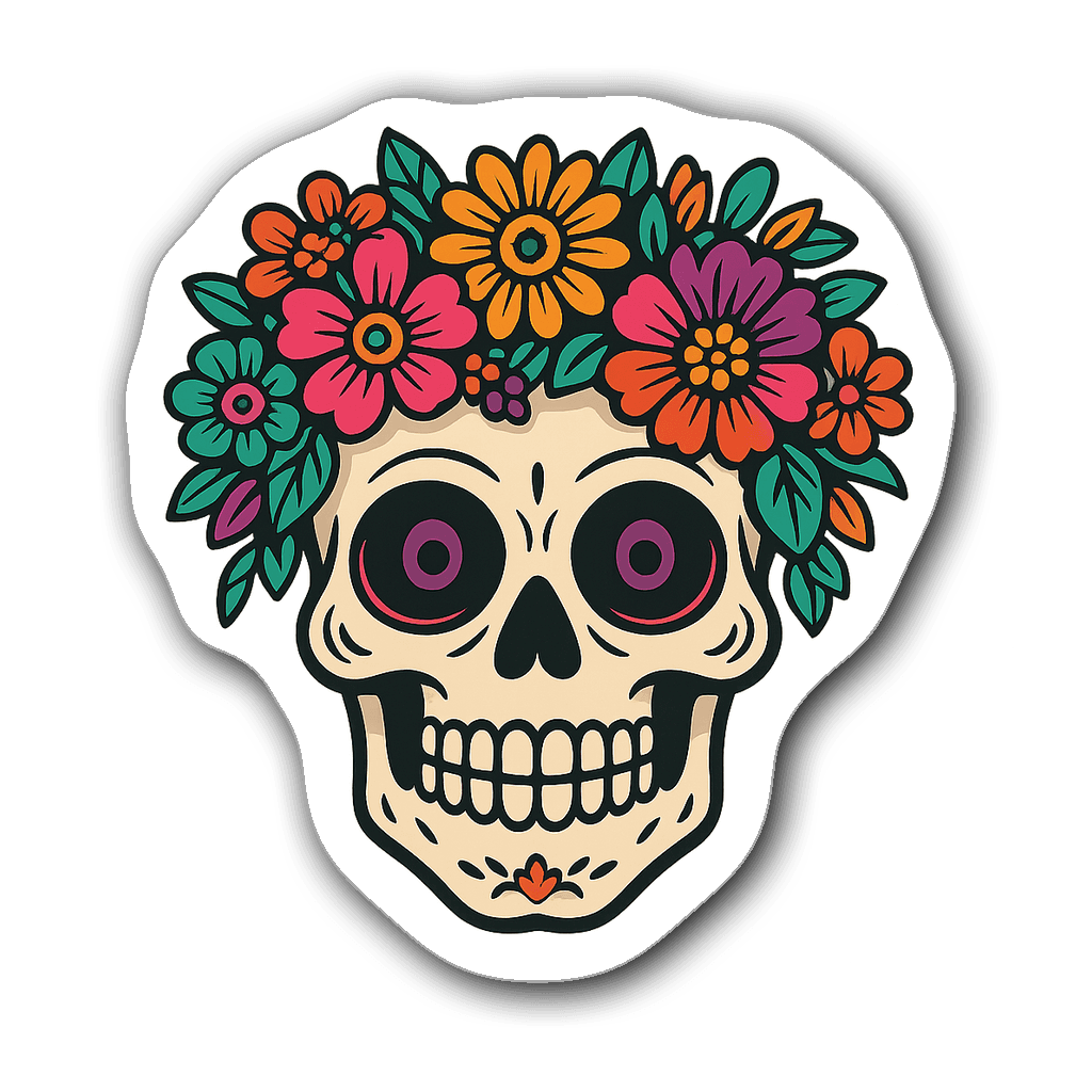 Colorful skull wearing a floral crown with expressive eyes.