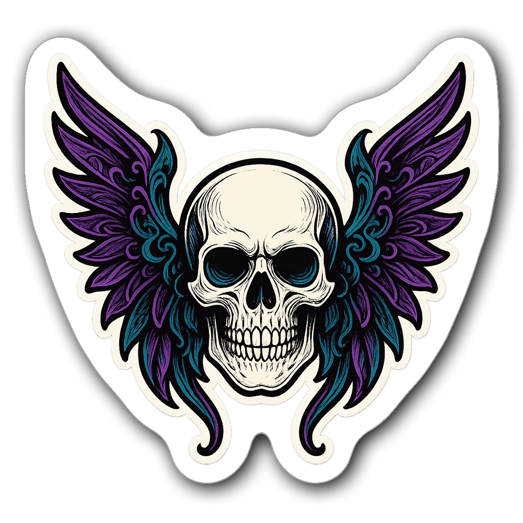 Gothic skull adorned with ornate wings in purple and teal