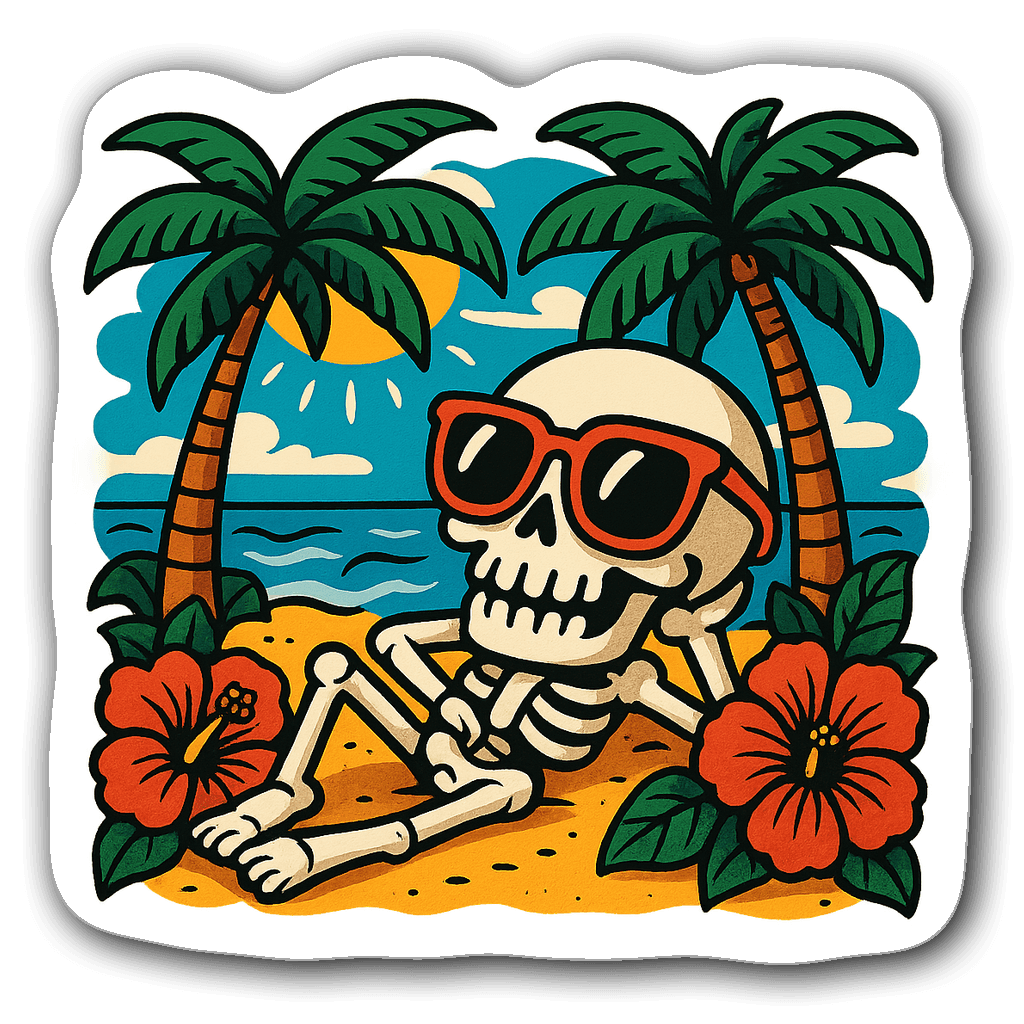 Whimsical skull character lounging on a beach with sunglasses