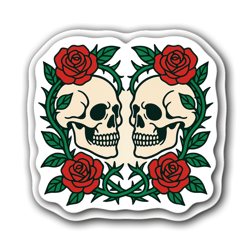 Symmetrical skulls with roses and thorns in vibrant colors