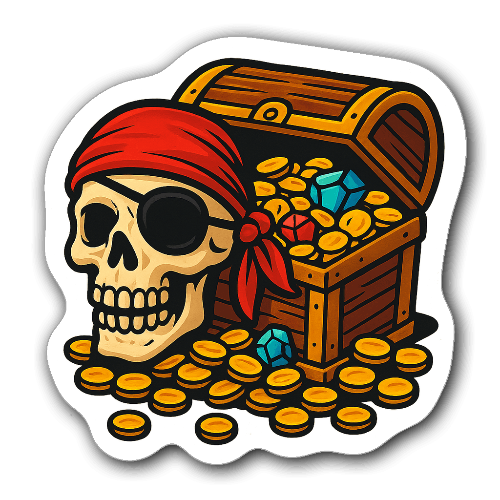 Colorful sticker of a skull with a treasure chest and pirate elements