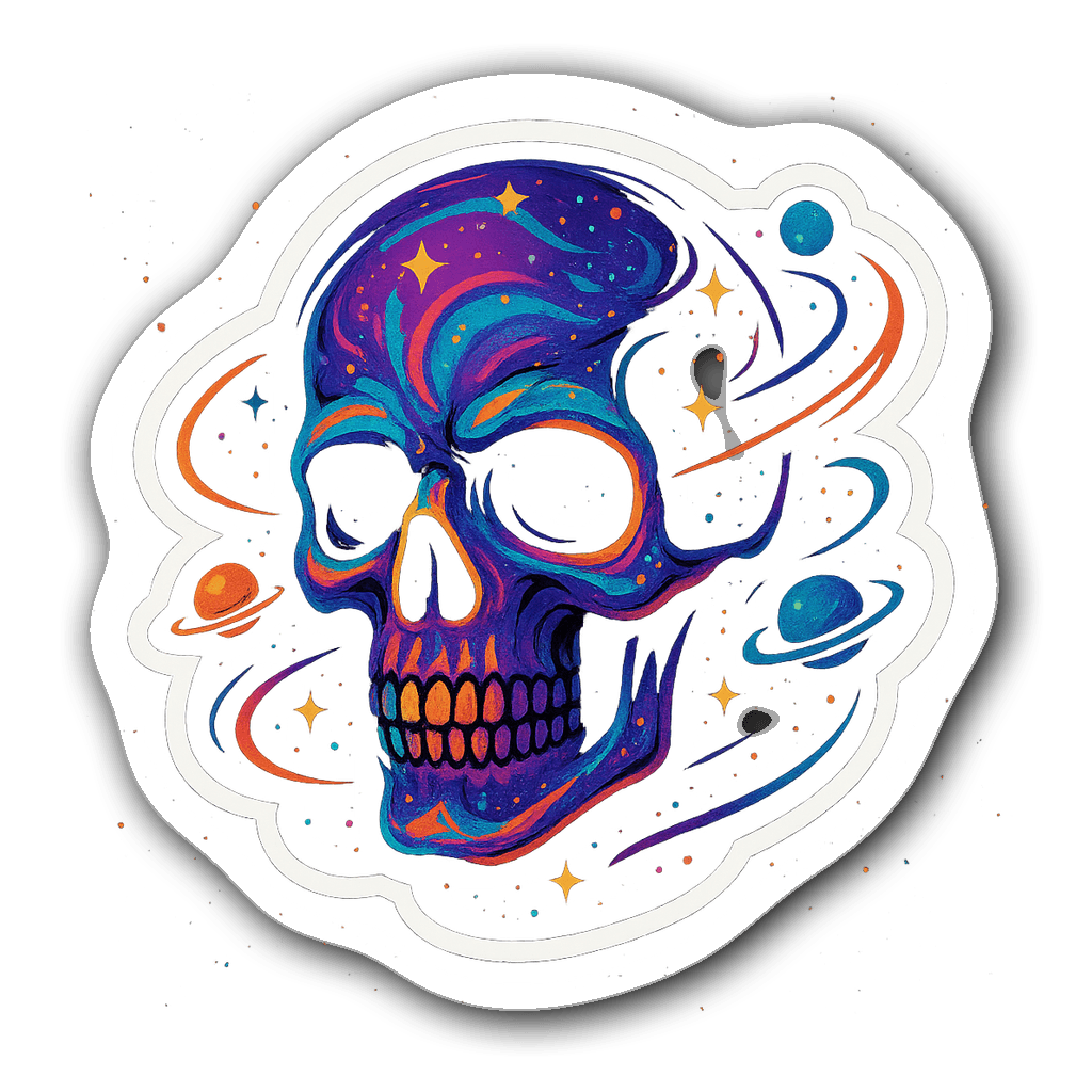 Cosmic skull sticker with stars and planets in vibrant colors.