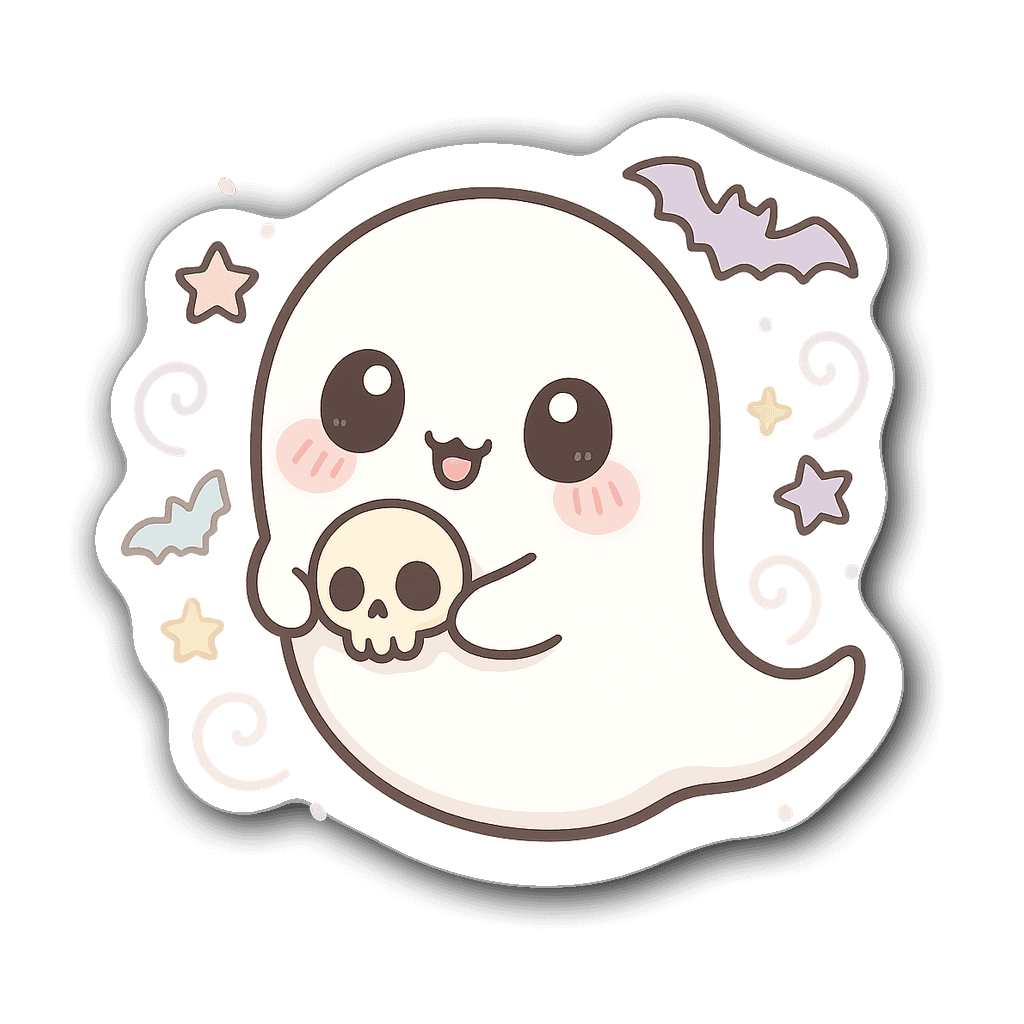 Kawaii chibi ghost holding a tiny skull surrounded by bats and stars