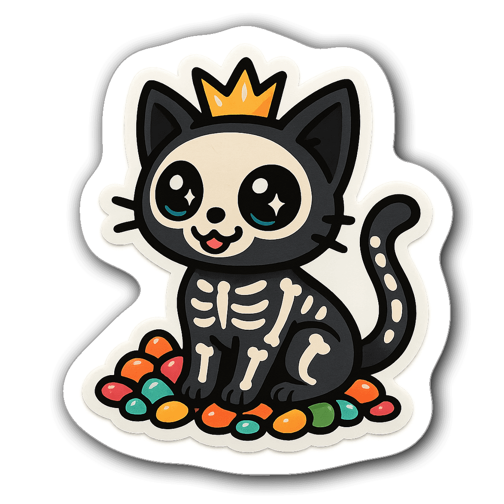 Kawaii skeleton cat with big eyes and crown on candy pile