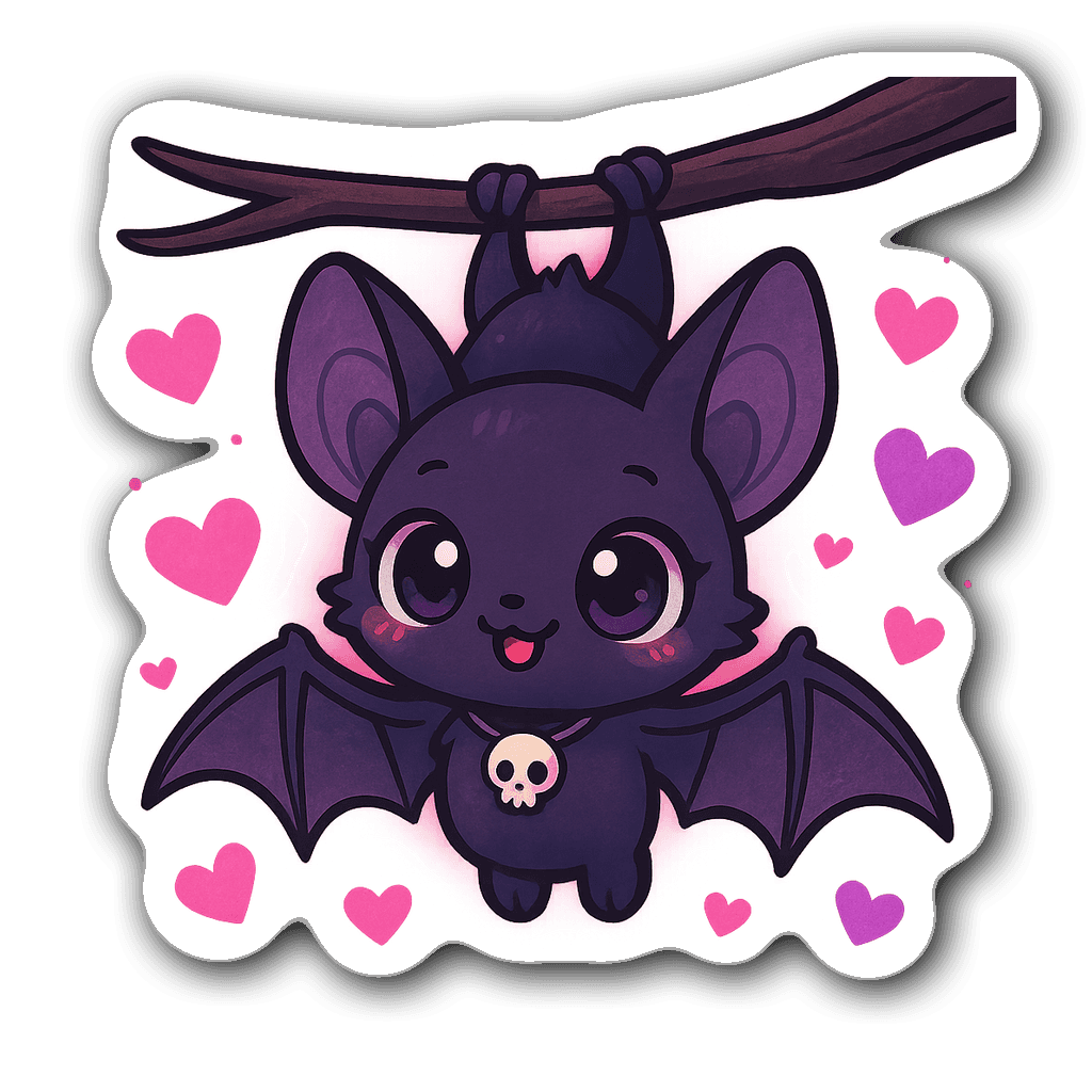 Kawaii chibi bat with large eyes and skull necklace surrounded by hearts