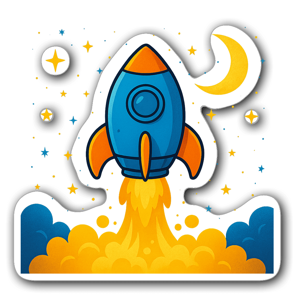Cute rocket ship blasting off with stars and crescent moon